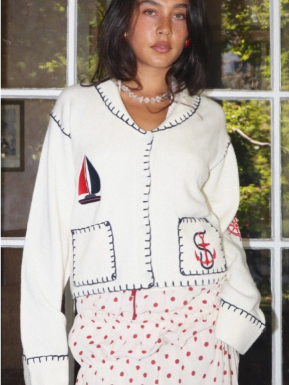 Bailey Rose Cream Nautical Knit Cardigan with Red & Navy Appliqués S